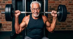 Persona de tercera edad realizando entrenamientos personalizados con pesas